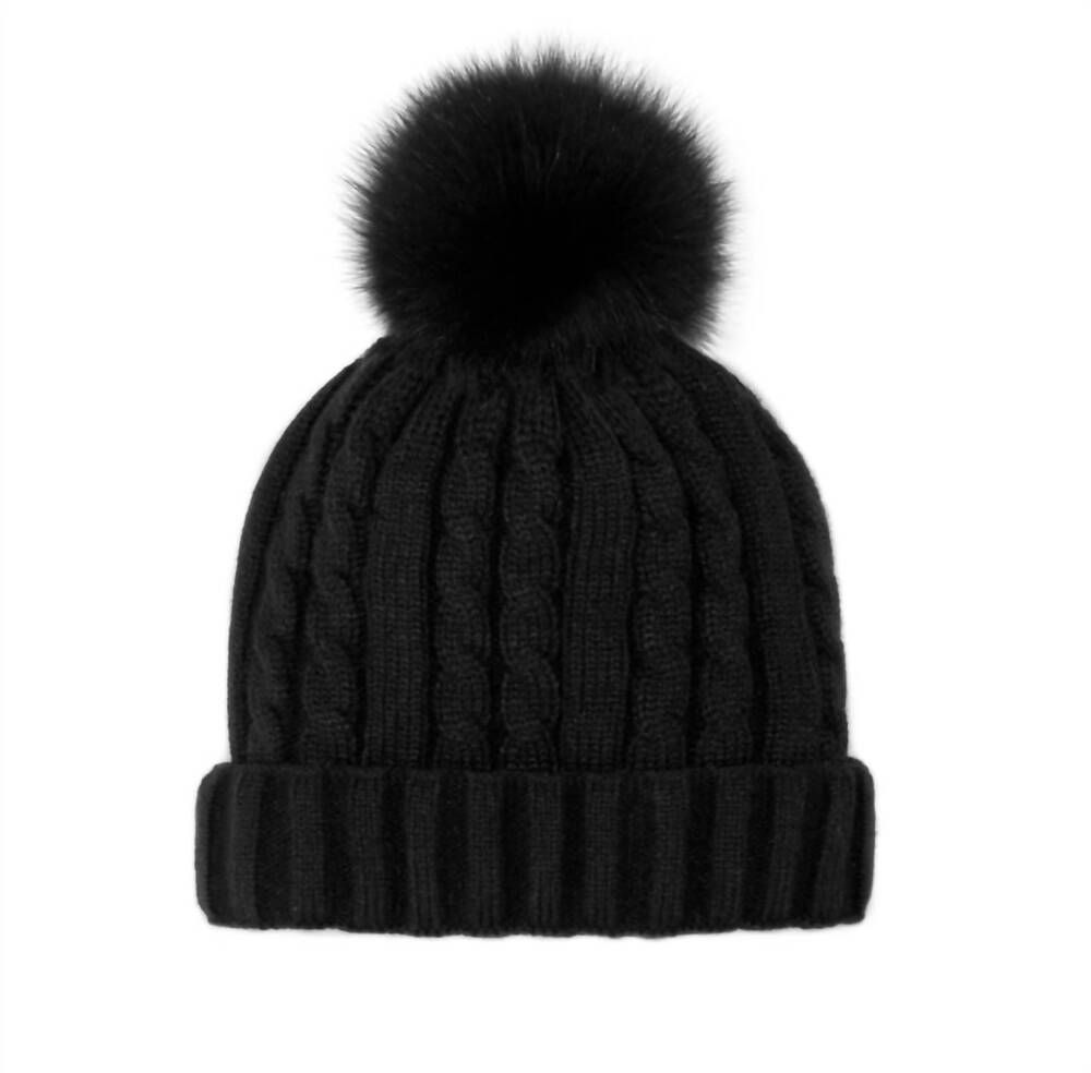 NEW MITCHIE'S MATCHINGS women's cable knit beanie with fox fur pom pom in black